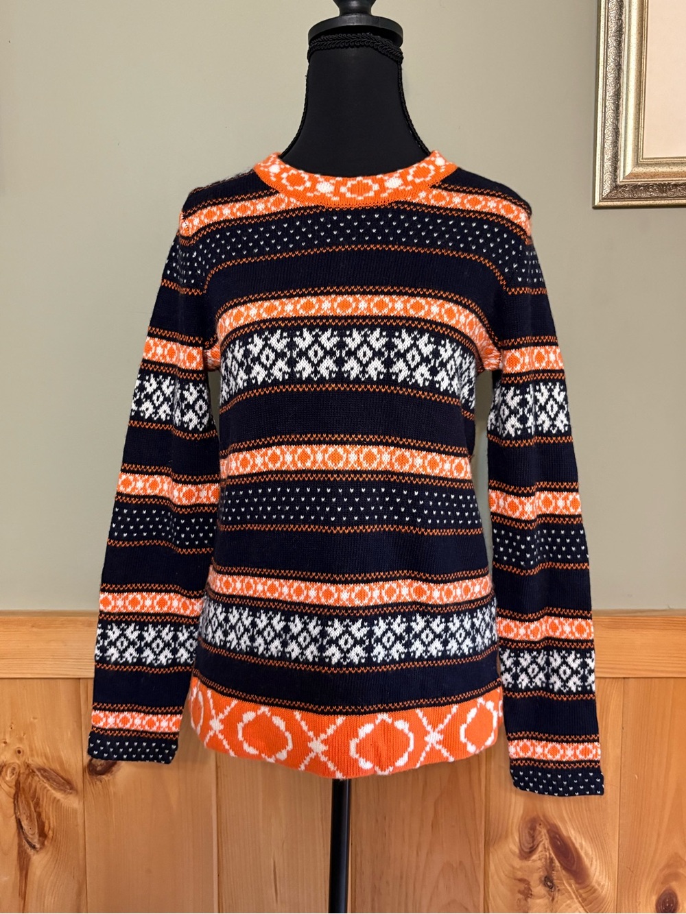 Vintage J Crew Sweater Womens Small Blue Orange Fair Isle Merino Hong Kong